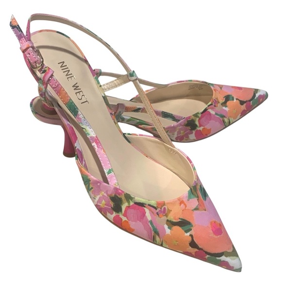 Nine West Pink Floral Slingback Heels Pointed Toe Shoes Pumps Women's Size 7 New - Picture 4 of 9